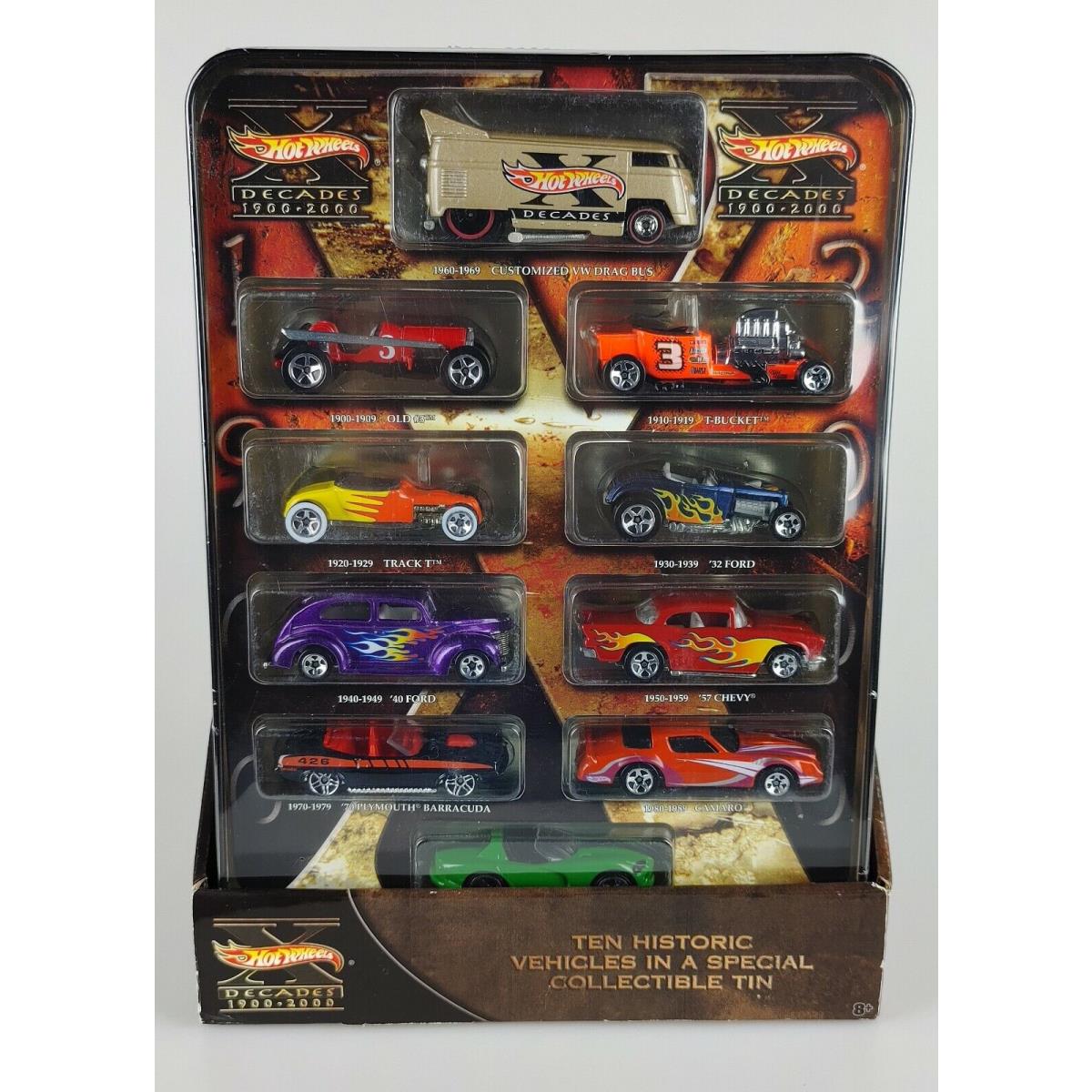 Hot Wheels Decades 1900-2000 Ten Vehicles Cars In Tin with Stand Box Mattel 2002