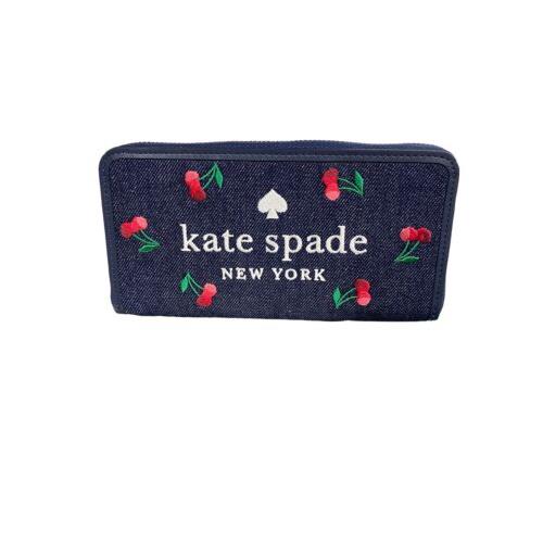 New Kate Spade Ella Cherry Embroidered Denim Large Continental Zip Around Wallet