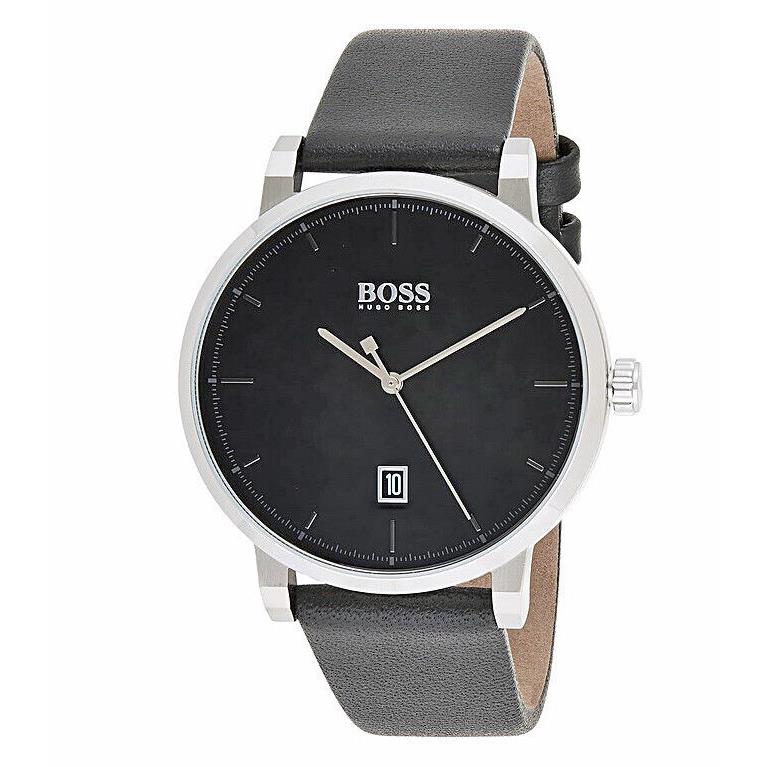 Mens Hugo Boss Watch Black Dial W/date Black Leather Band Stainless Case 1513790