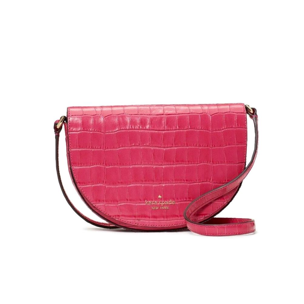 Kate Spade Luna Crescent Crossbody Croco Embossed Leather Festive Pink /dust Bag