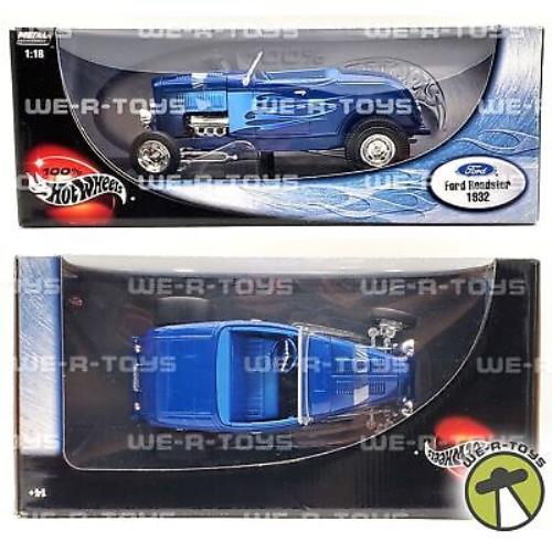 Hot Wheels 1:18 Scale 1932 Blue Ford Roadster 57320 Mattel 2002 Flames Nrfb