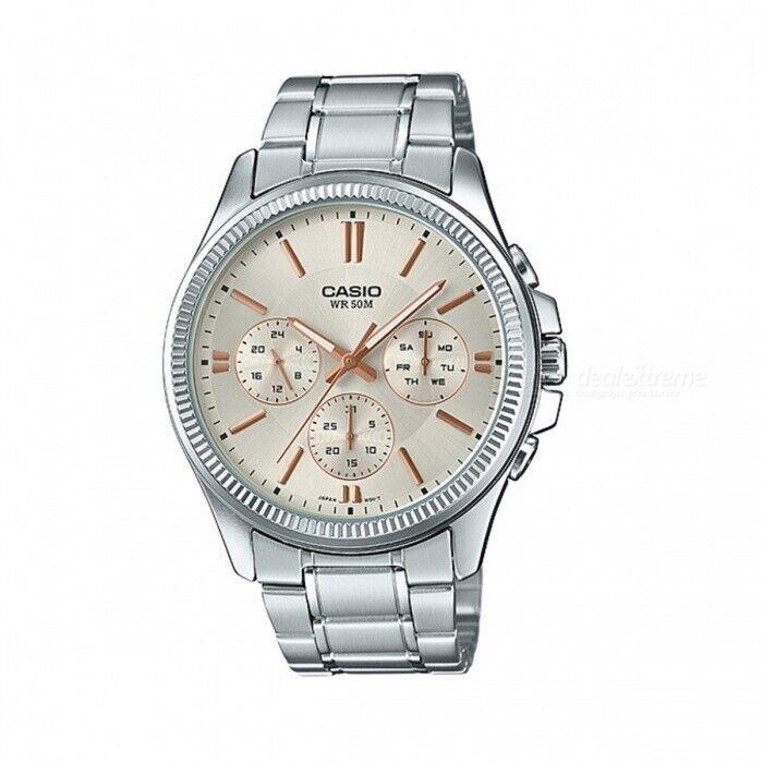 Casio Analog Round Men`s Stainless Steel Band MTP-1375D-7A2DF Beige Dial Watch - Dial: Beige, Band: Silver