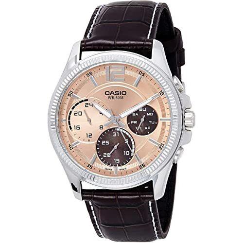 Men`s Casio MTP-E305L-5AVDF Brown Leather Brown Dial Analog Round Wrist Watch - Dial: Brown, Band: Brown