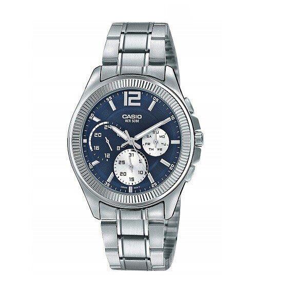 Men`s Casio Enticer Blue Dial Analog-chronograph Silver Watch MTP-E305D-2AVDF - Dial: Blue, Band: Silver