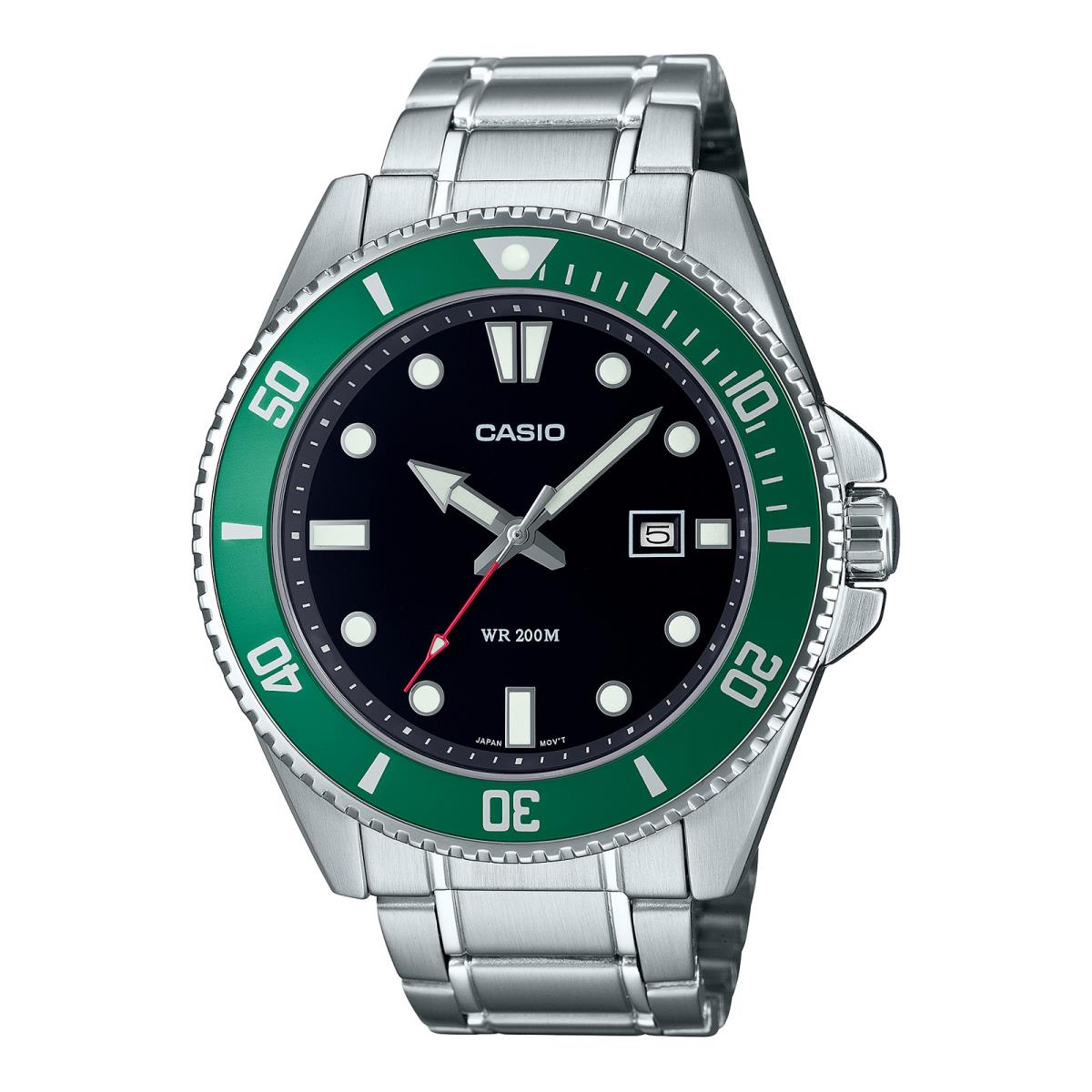 Casio MDV107D-3A Divers 200M WR Green Bezel Stainless Steel Watch