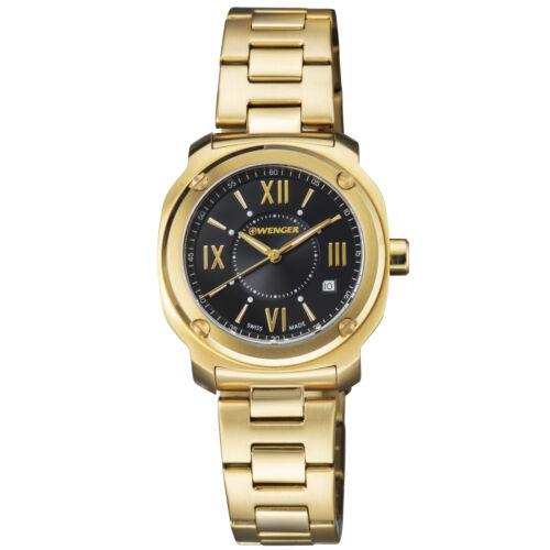 Wenger Edge Women`s 34mm Black Dial Gold Swiss Made Quartz Watch 01.1121.114 - Dial: Black, Band: Gold, Bezel: Gold