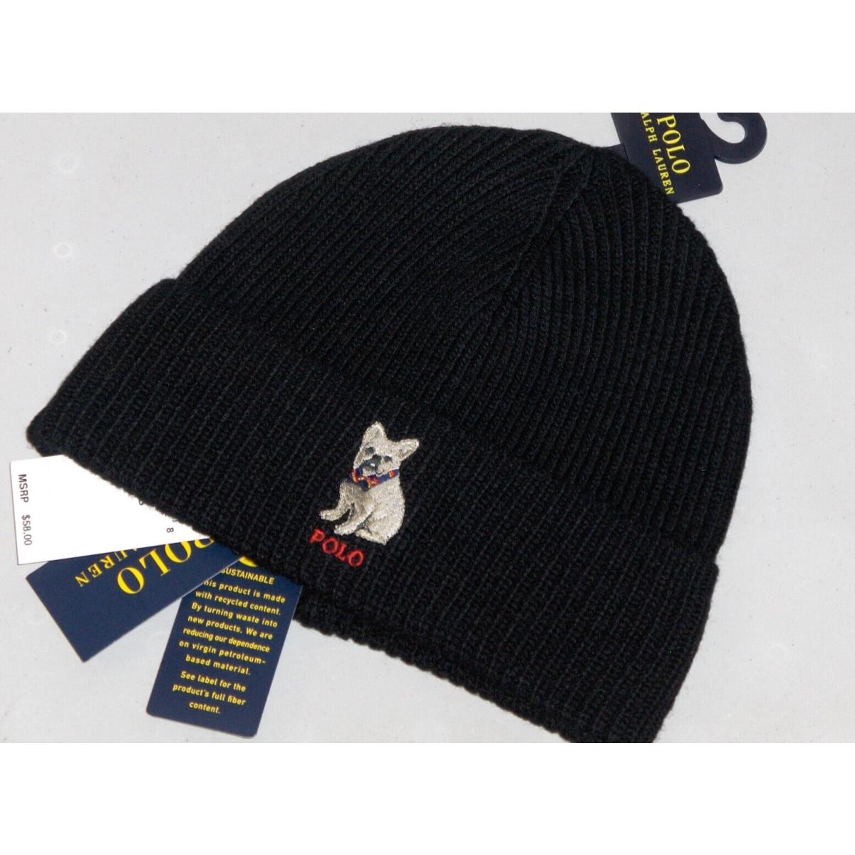 Polo Ralph Lauren Men`s French Bulldog Dog Knit Beanie Hat Watch Cap Black