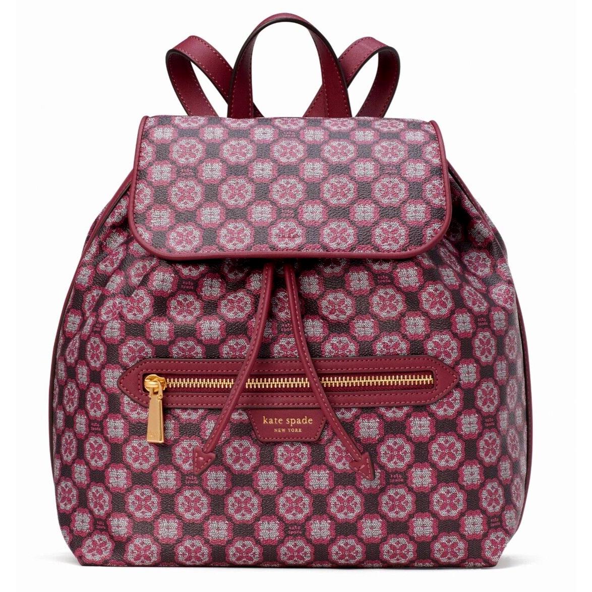 New Kate Spade Flower Monogram Coated Canvas Backpack Garnet Rose with Dust Bag