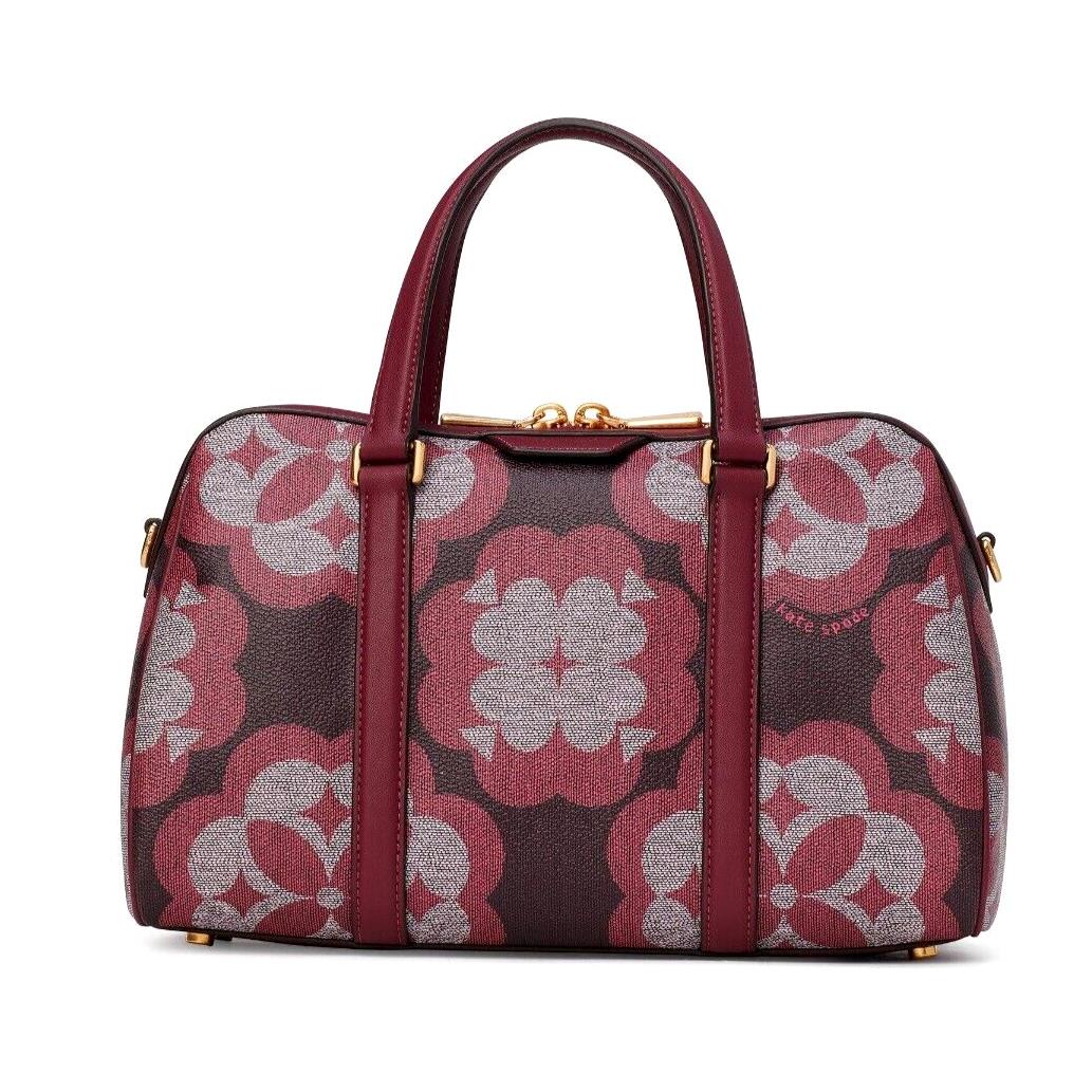 New Kate Spade Flower Monogram Coated Canvas Satchel Garnet Rose with Dust Bag