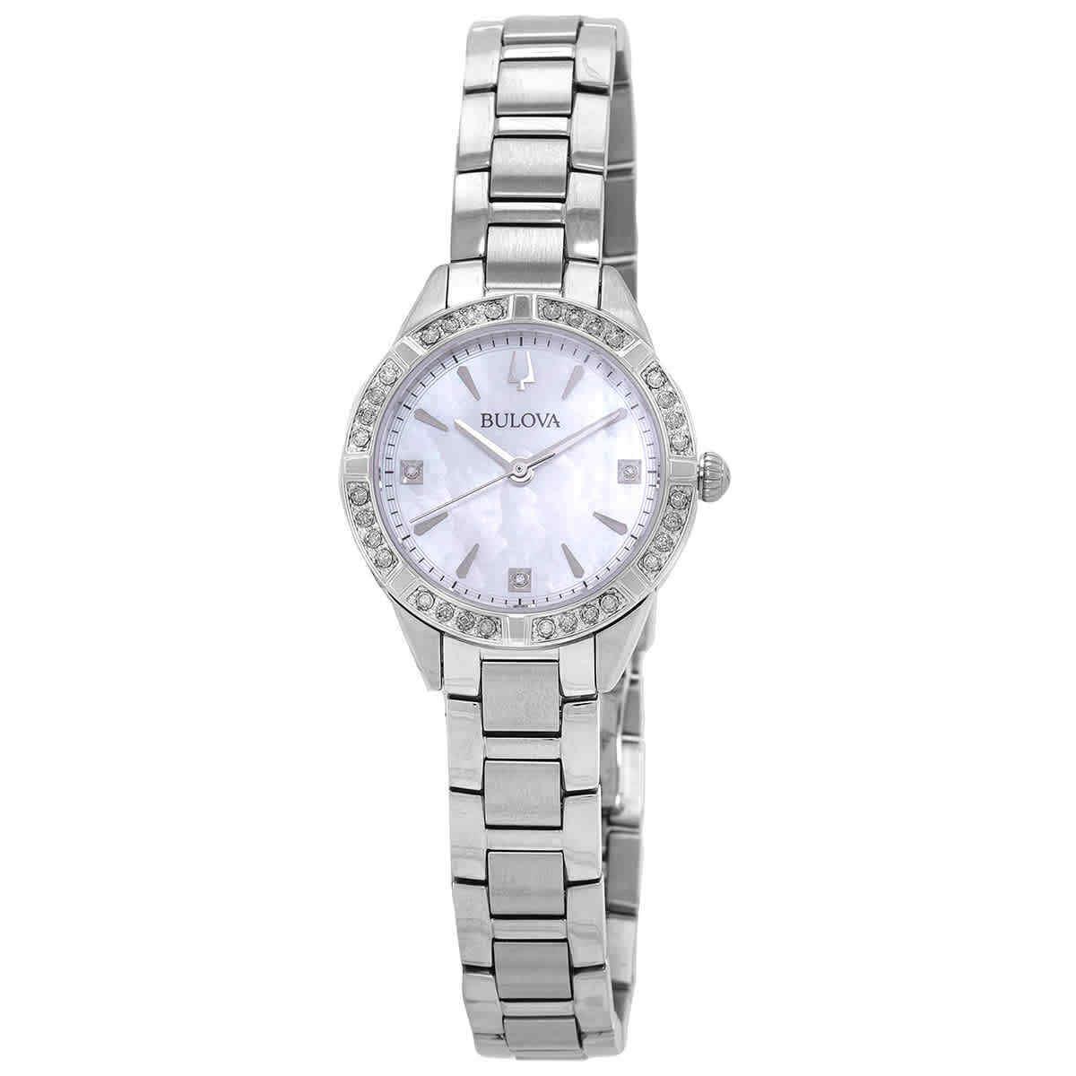 Bulova Sutton Quartz Diamond Crystal White Mop Dial Ladies Watch 96R253 - Dial: White Mother of Pearl, Band: Silver-tone, Bezel: Silver-tone