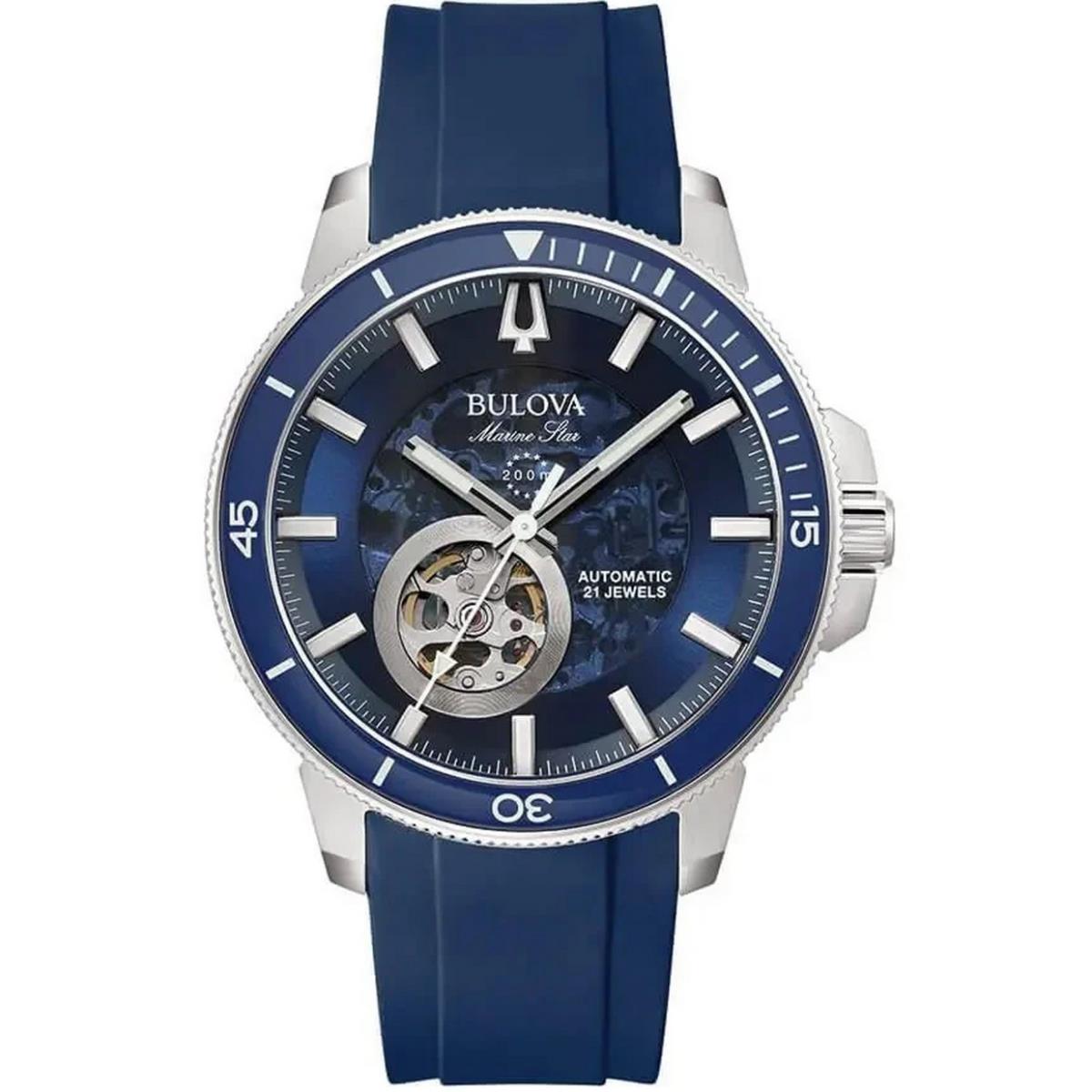 Bulova Marine Star Automatic Blue Dial 96A303 Silicone Band Men`s Watch