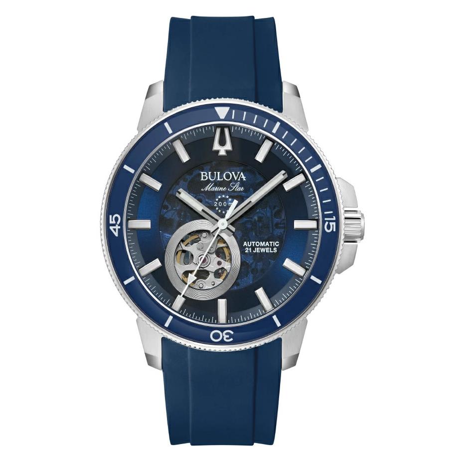 Bulova Marine Star Automatic Blue Dial 96A303 Silicone Band Men`s Watch