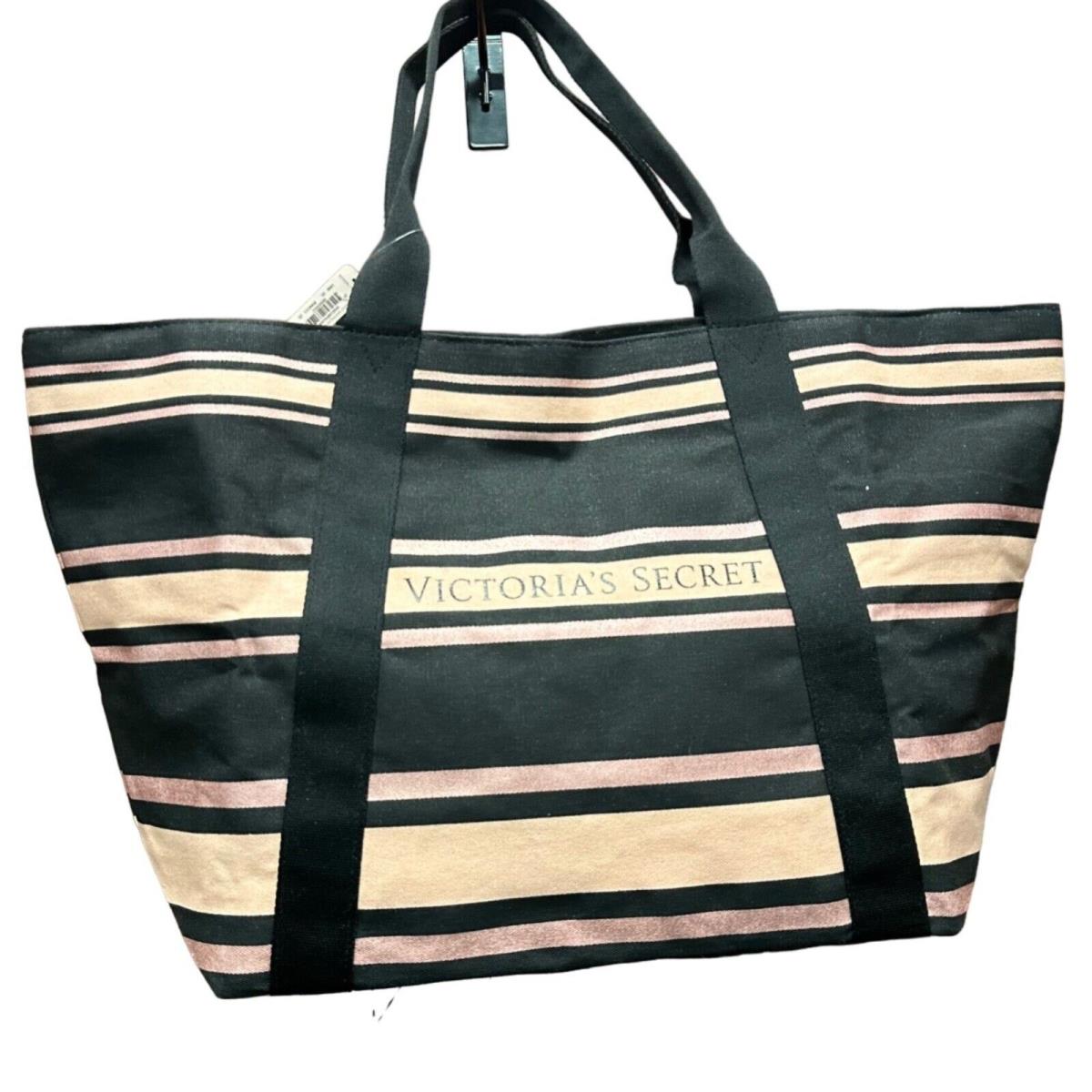 Victorias Secret Tote Bag Pink Black Stripe Rose Gold Zipper Closure Weekend