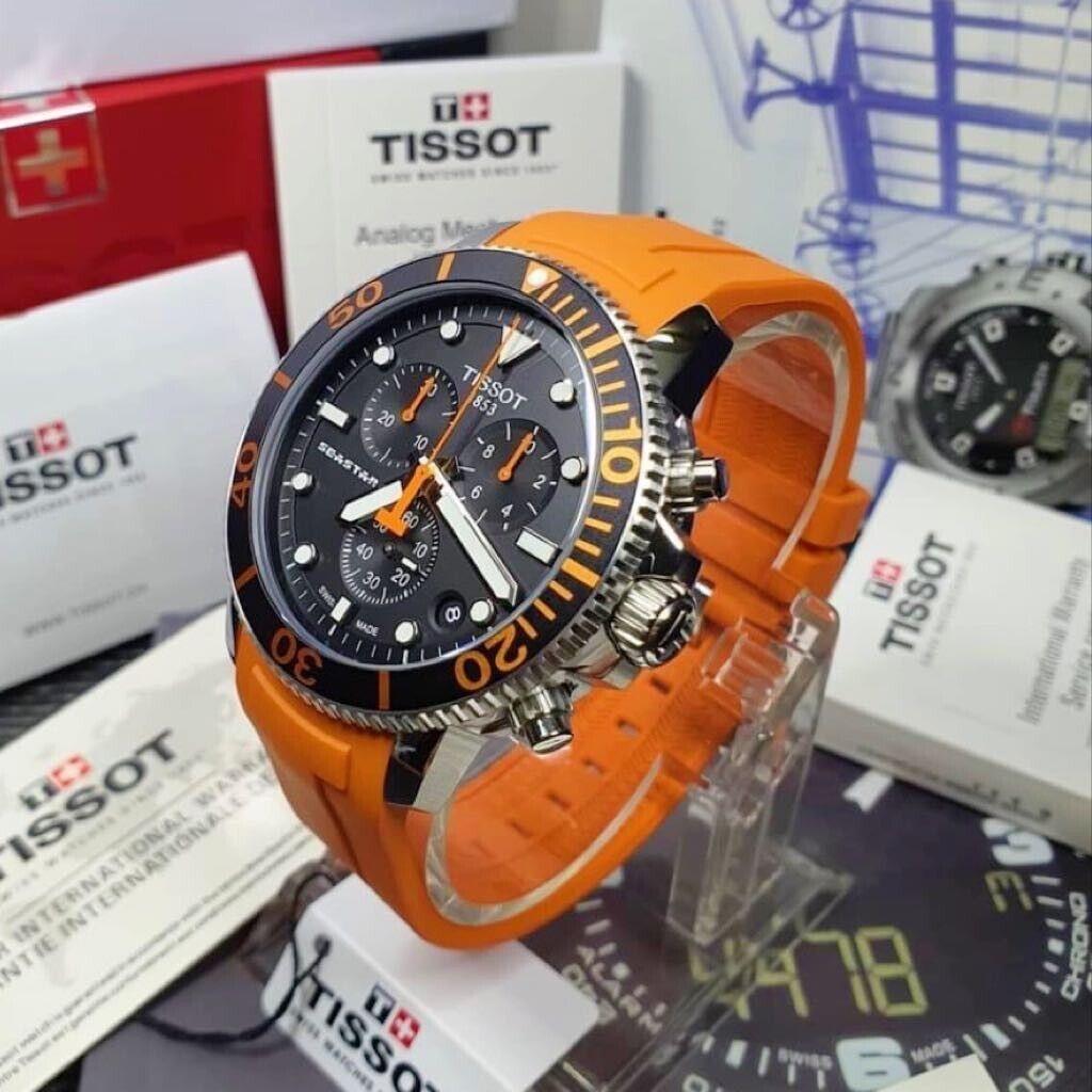Tissot watch Seastar - Dial: Black, Band: Orange, Bezel: Black