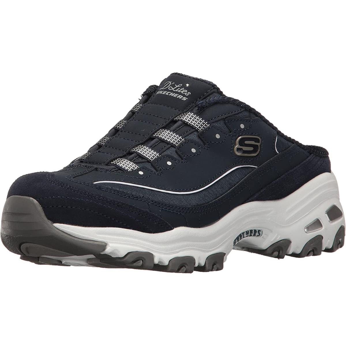 Skechers D`lites Women`s Comfort Slip-on Shoes Mule Memory Foam Sport Sneakers Navy/White