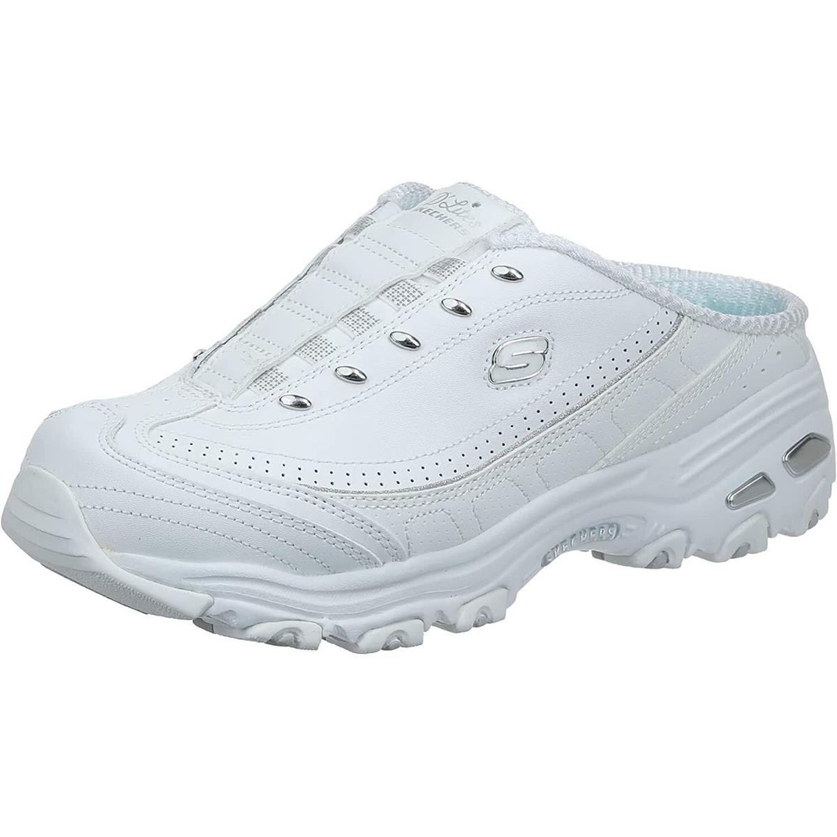 Skechers D`lites Women`s Comfort Slip-on Shoes Mule Memory Foam Sport Sneakers White/Silver