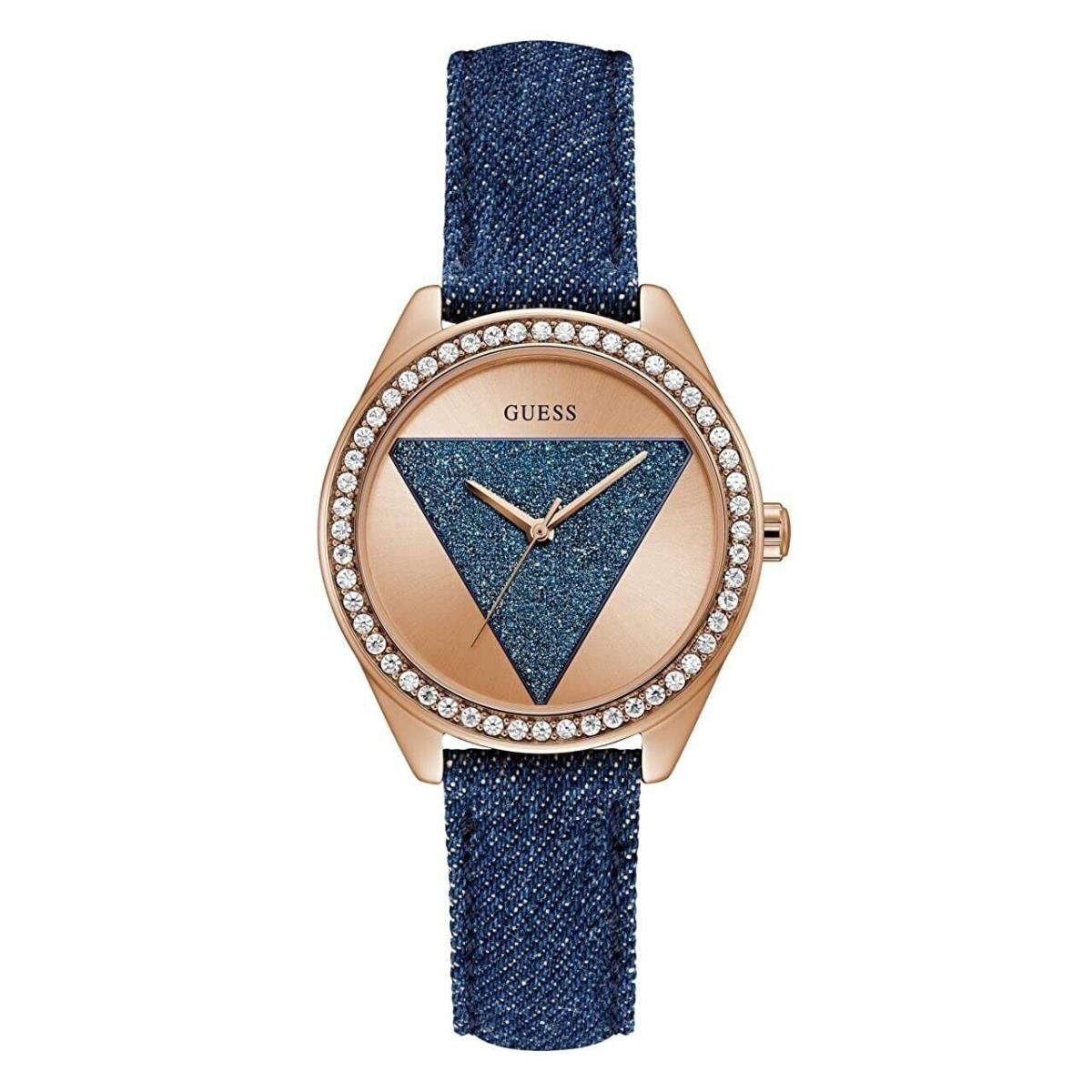 Guess Denim Women`s Blue Leather Strap Rose Gold Tone Gem Watch U0884L7