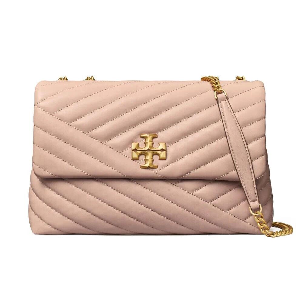 Tory Burch Kira Roll Brass Chevron Moon Pink Quilted Shoulder Bag Purse