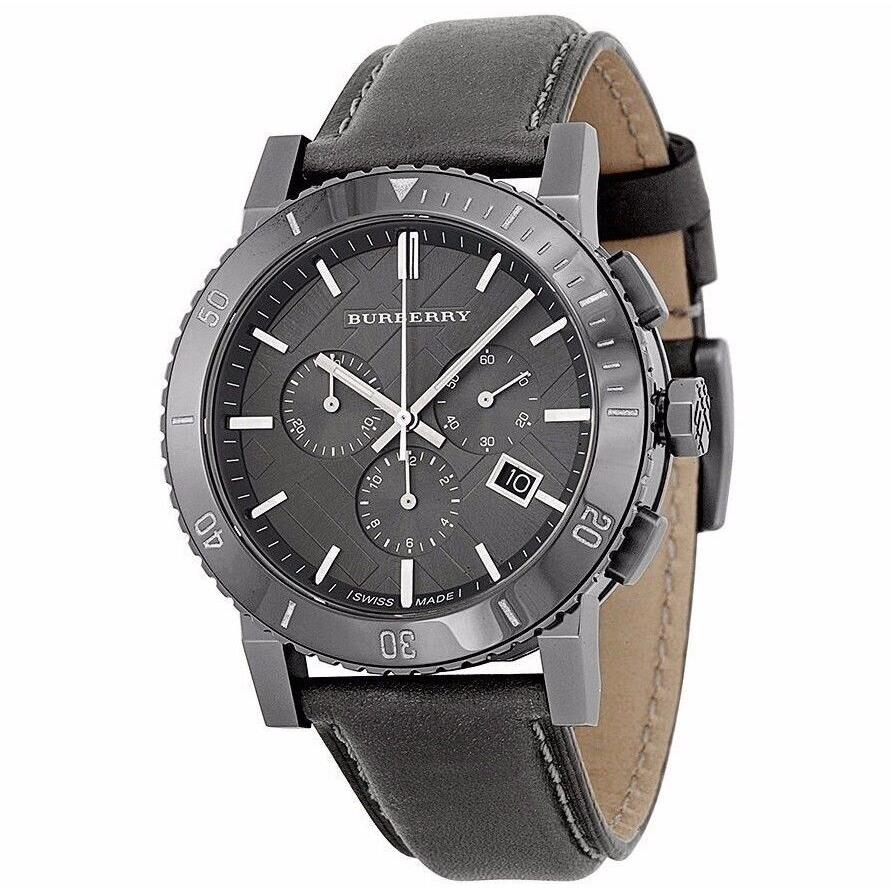 Burberry Chronograph Grey Dial Grey Leather Men`s Watch