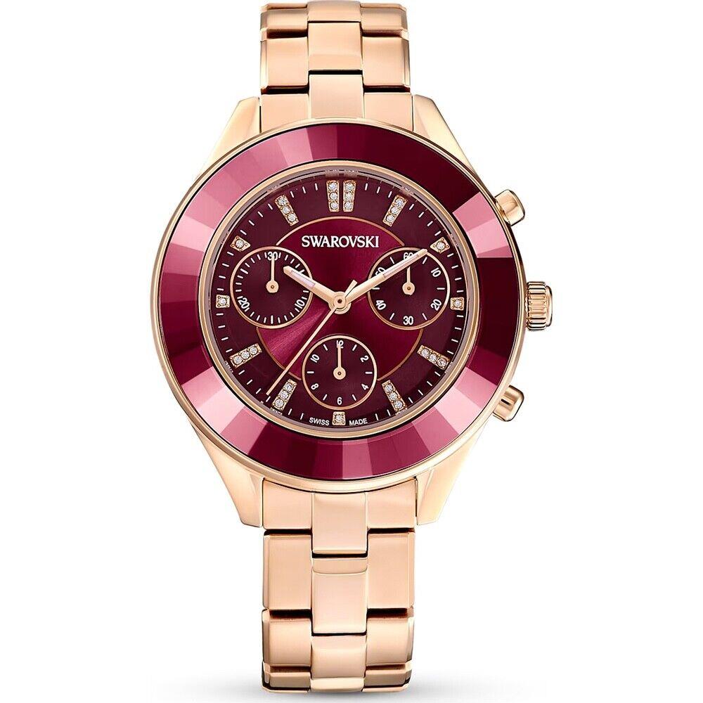 Swarovski Octea Lux Burgundy Watch with Rose Gold Metal Strap