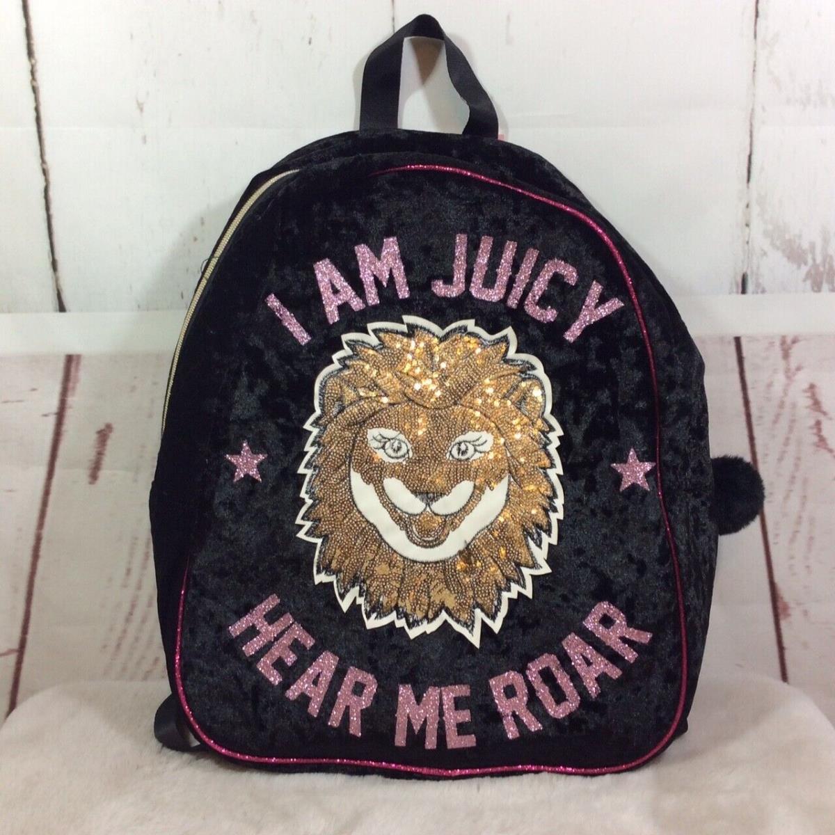 Juicy Couture Velour Backpack Bag I AM Juicy Hear ME Roar Black Pink Sequin Lion