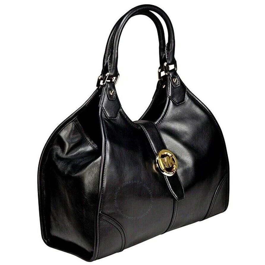Michael Kors Hudson Black Leather Gold Logo Large Shoulder Tote Bag