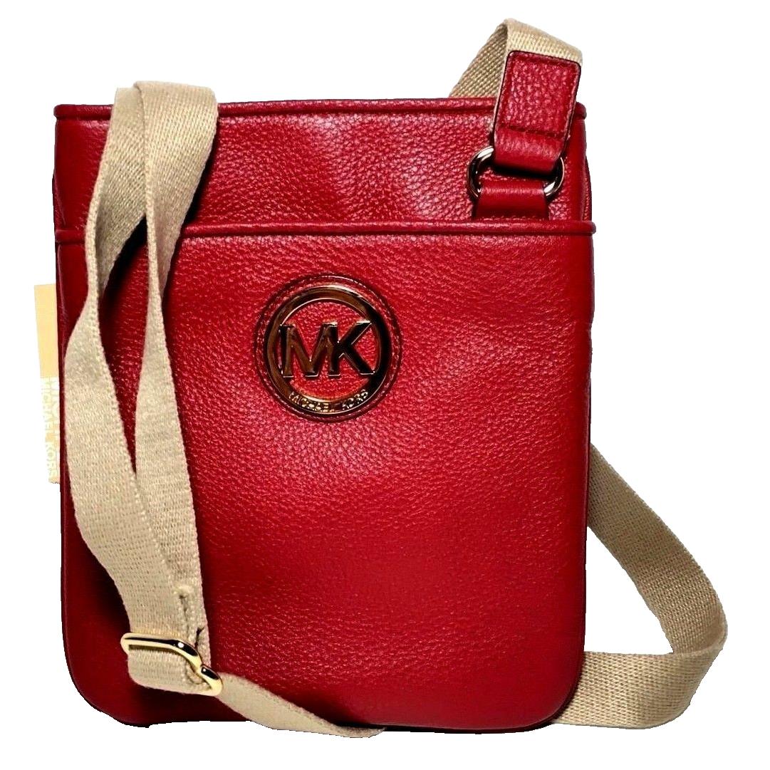Michael Kors MK Fulton Soft Pebble Leather Crossbody/bag-scarlet/gold