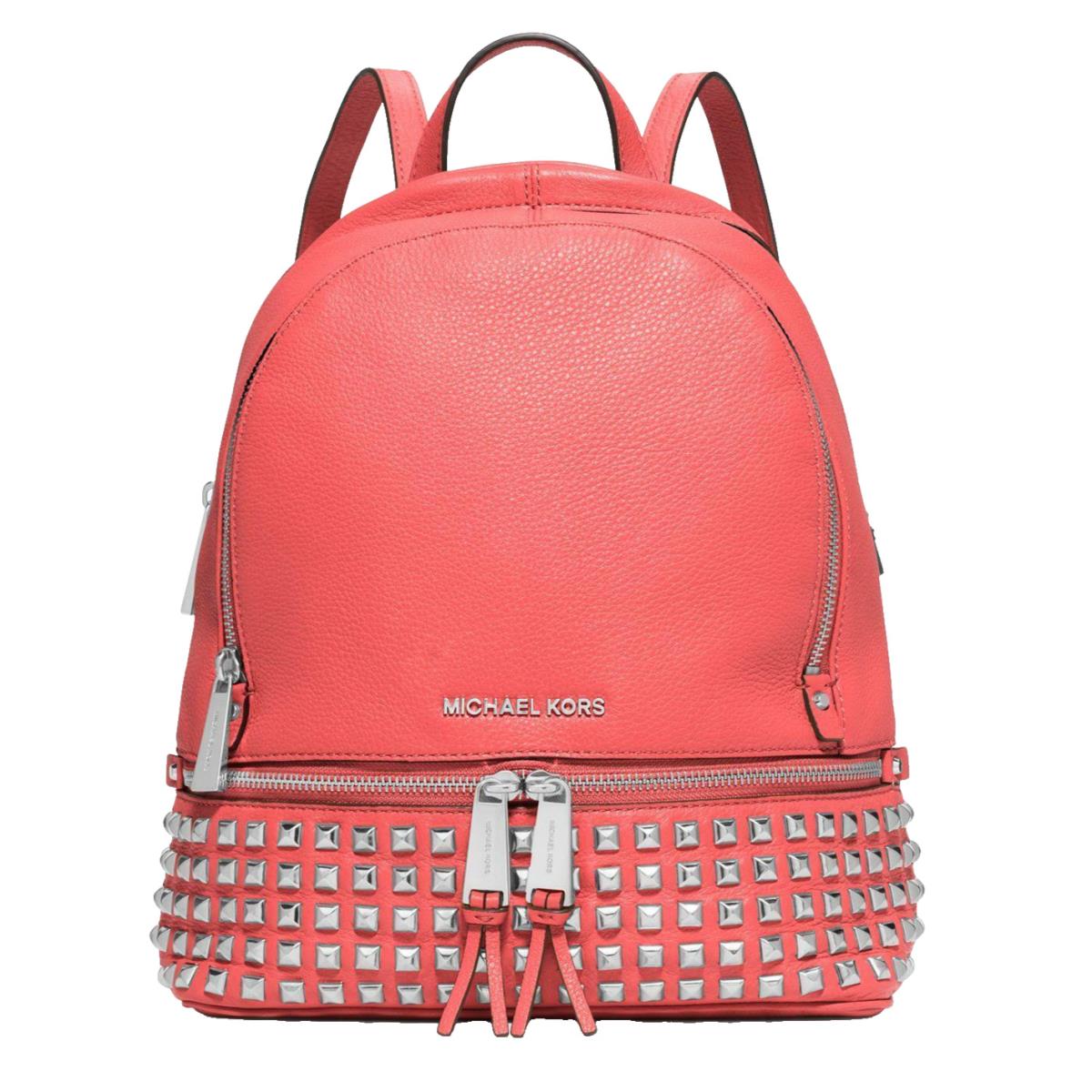 Michael Kors Rhea Small Studded Pebble Leather Backpack/bag-coral/silver