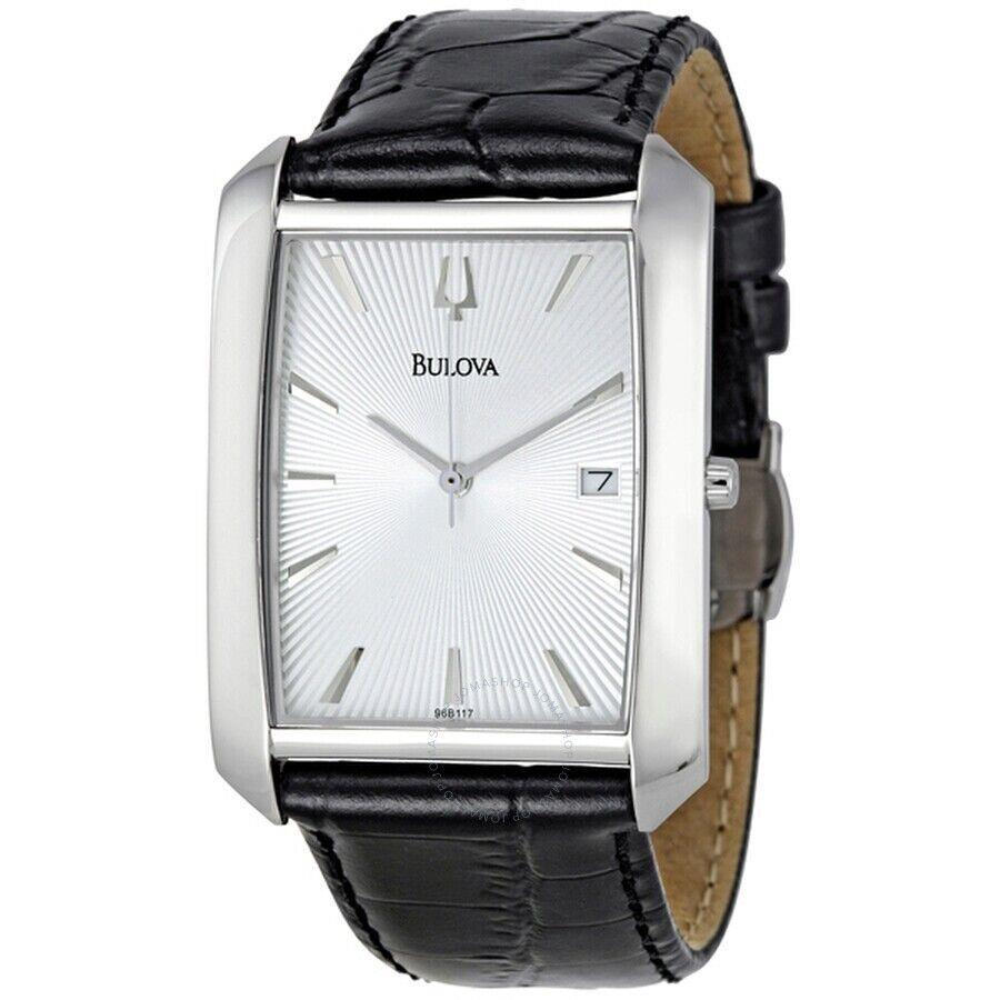 Bulova 96b117 Men`s Watch Silver Dial Stainless Steel Black Leather Strap
