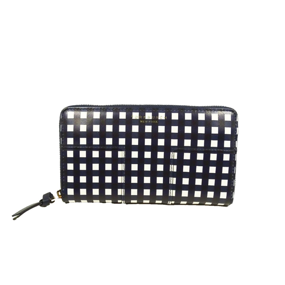 Tory Burch T Block Continental Navy Blue Checkered Zip Around Wallet