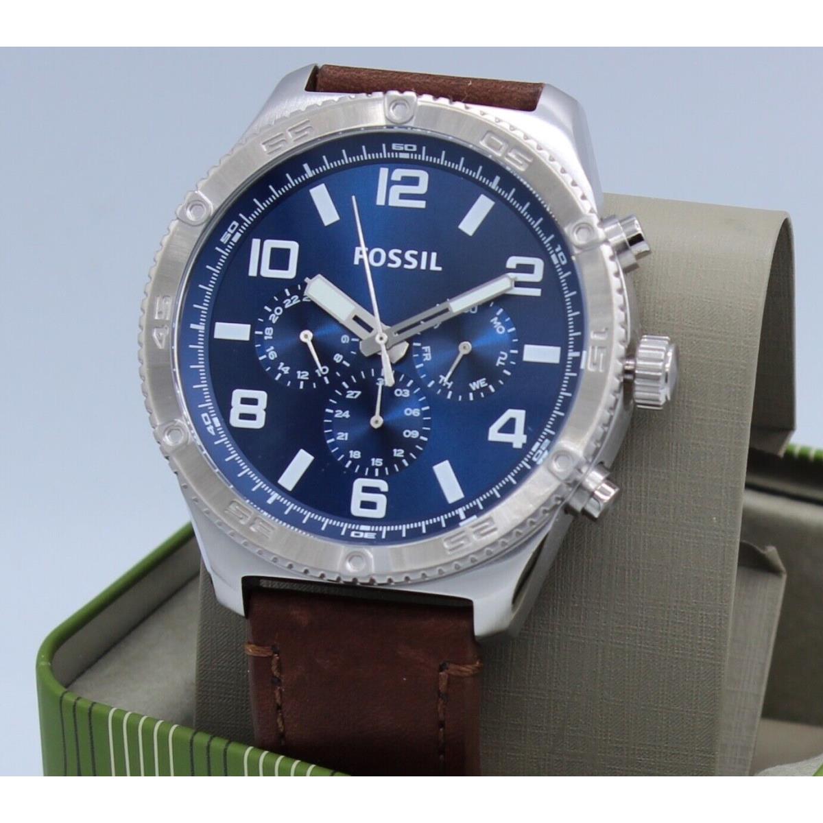 Fossil Brox Silver Blue Chronograph Brown Leather BQ2799 Men Watch