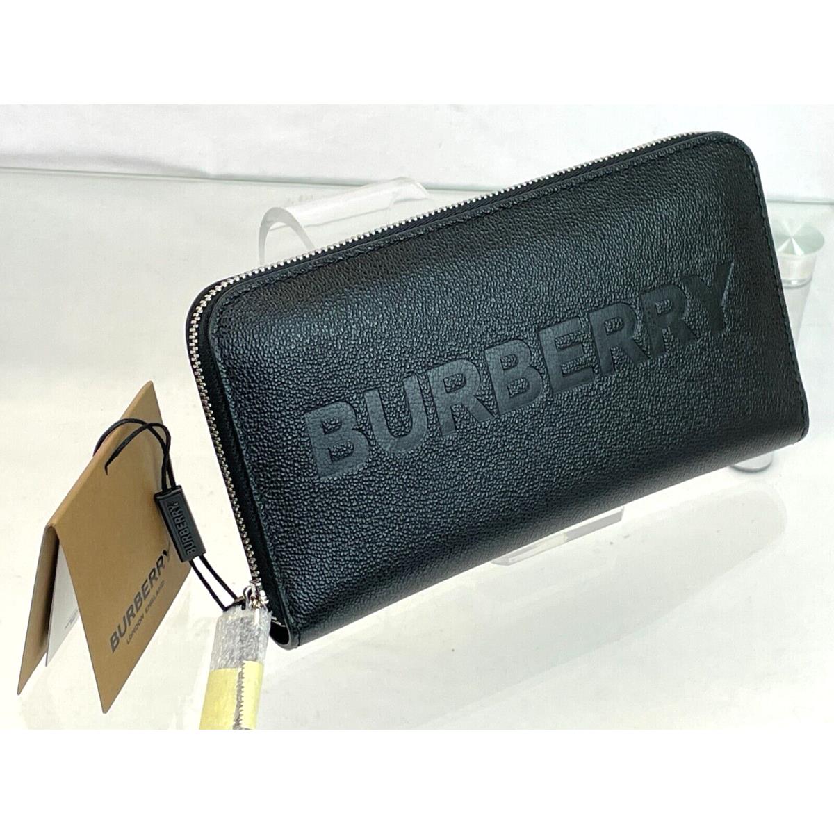 Burberry Elmore Black Logo Embossed Leather Zip Around Clutch Continental Wallet