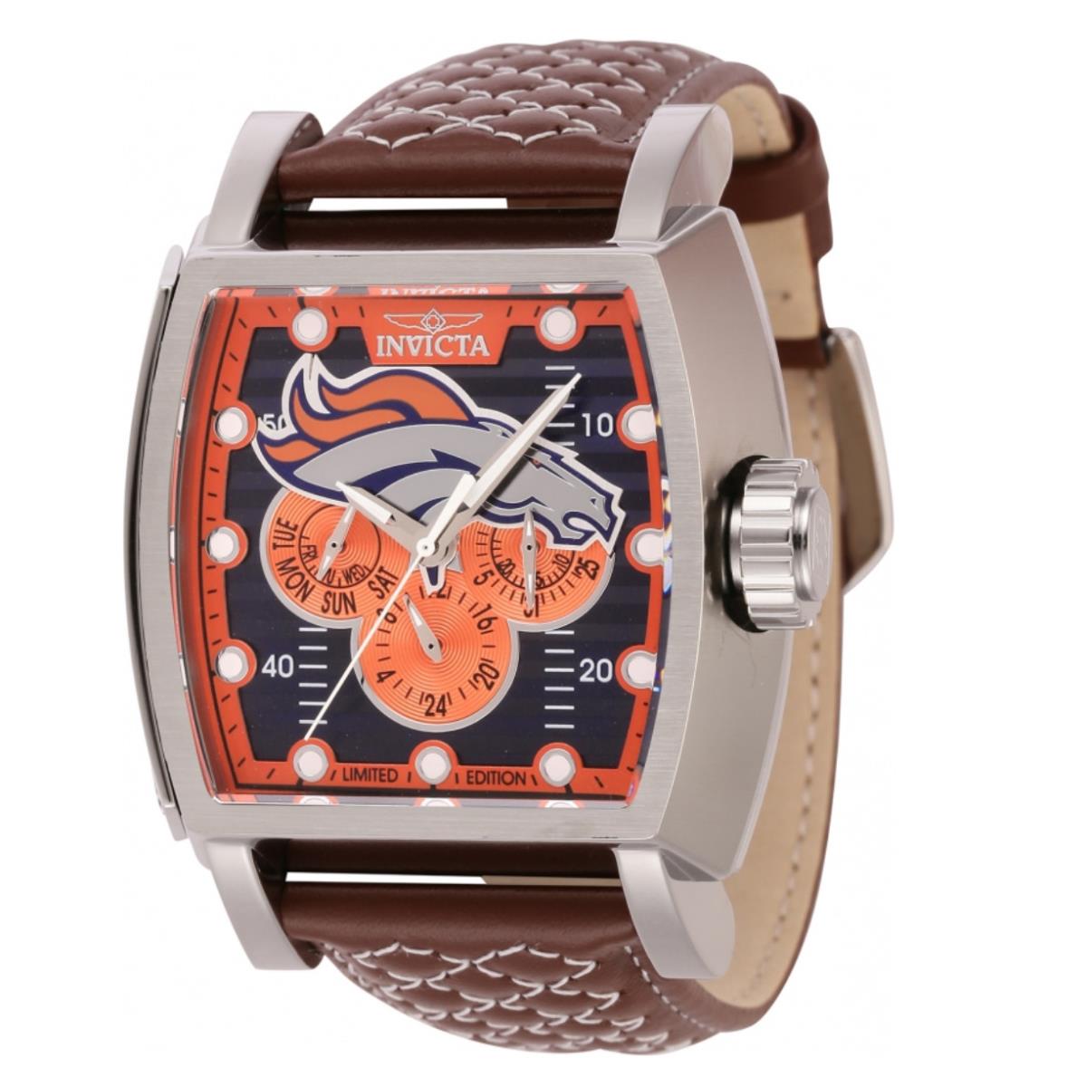 Invicta S1 Rally Nfl Denver Broncos Men`s 48mm Limited Edition Watch 45091 - Dial: Blue, Multicolor, Orange, Silver, White, Band: Brown, Bezel: Silver