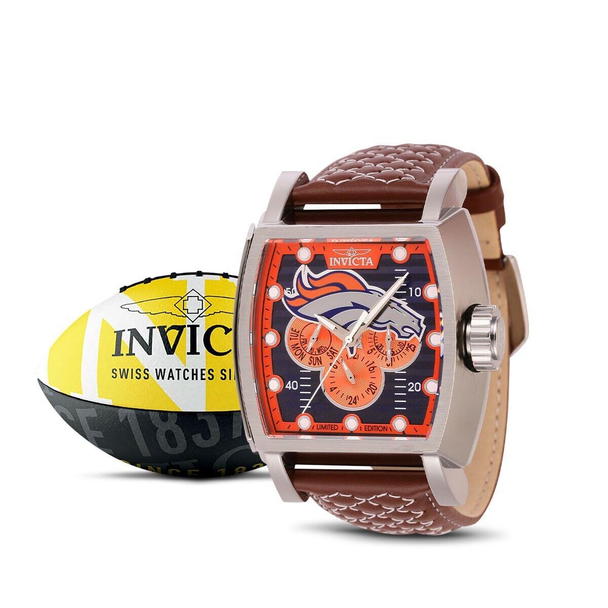Invicta Nfl Denver Broncos Men`s Watch - 48mm White Brown 45091 - Dial: Orange, Silver, Blue, Band: white, brown