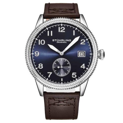 Stuhrling 4011 1 Wingman Quartz Aviator Date Brown Leather Blue Dial Mens Watch