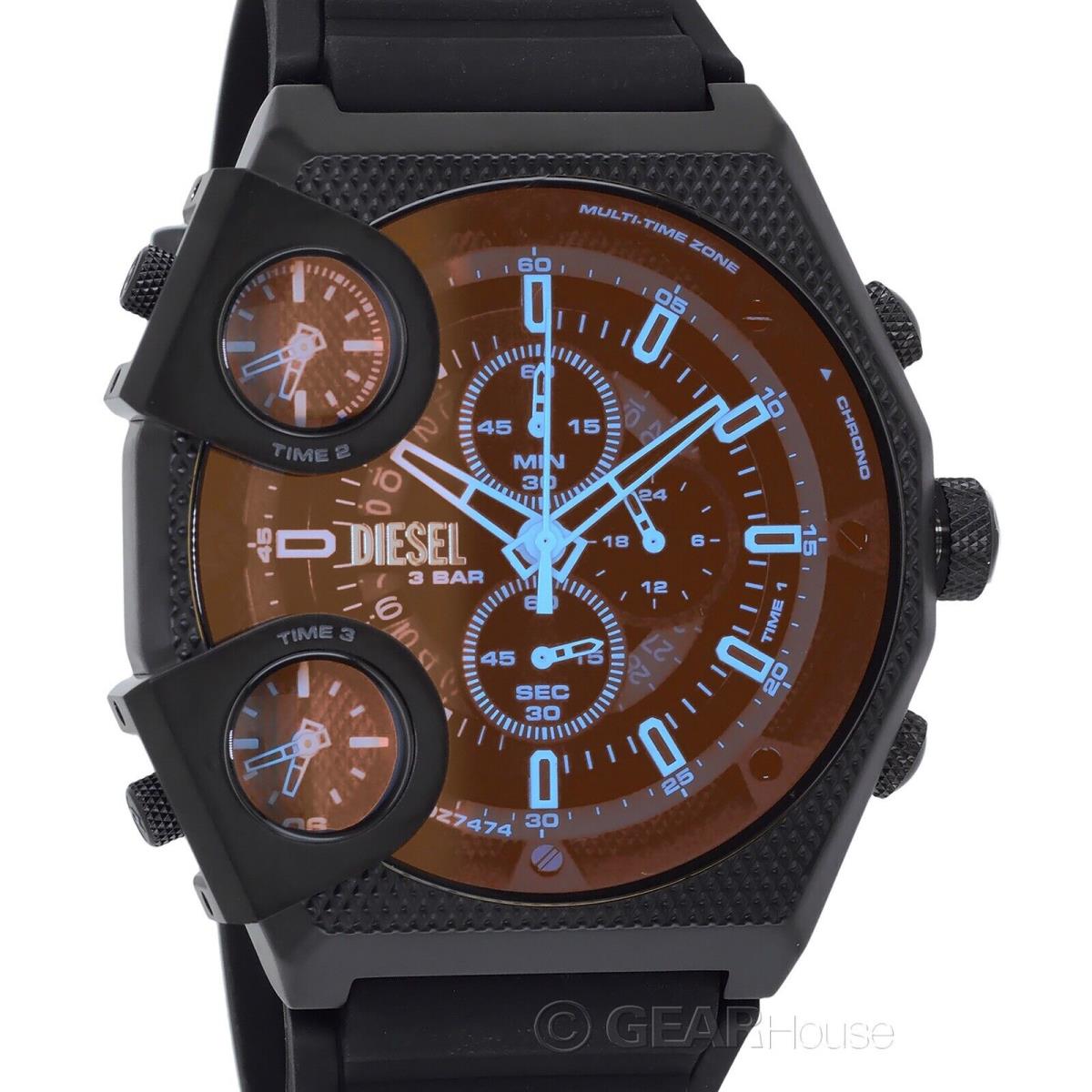 Diesel Sideshow Mens 3-Time Chronograph Watch Iridescent Dial Black Silicone