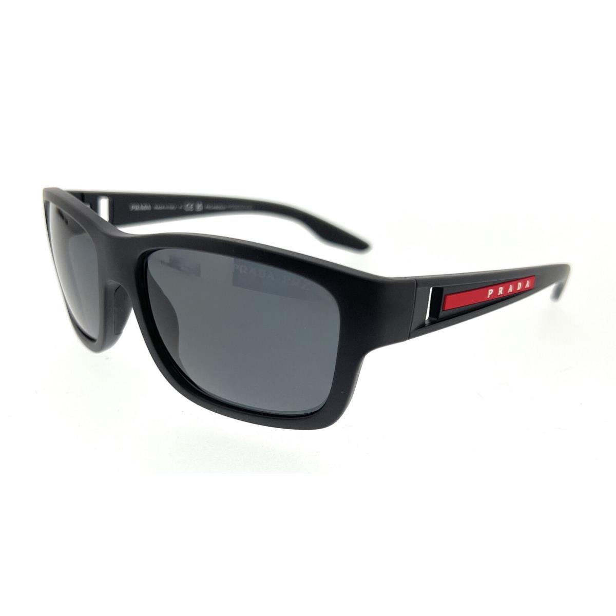 Prada Linea Rossa 0PS 01WS DG002G Black Rubber Rectangular Sunglasses - Black Rubber, Frame: Black, Lens: Gray