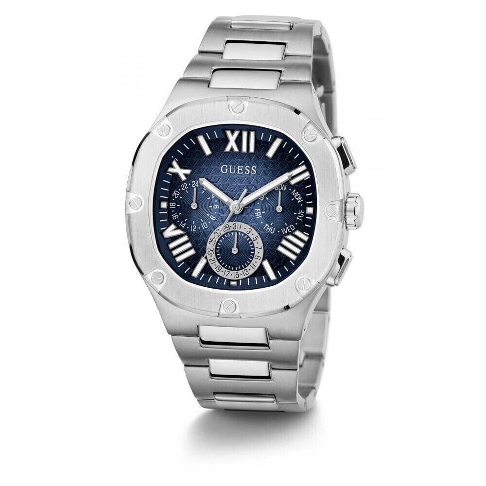 Guess Silver-tone and Blue Multifunction Watch Chronograph Mens Watch - Dial: Blue, Band: Silver, Bezel: Silver