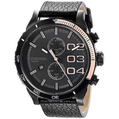 Diesel Double Down Black+rose Gold Tone Black Leather Band Chrono. Watch DZ4327