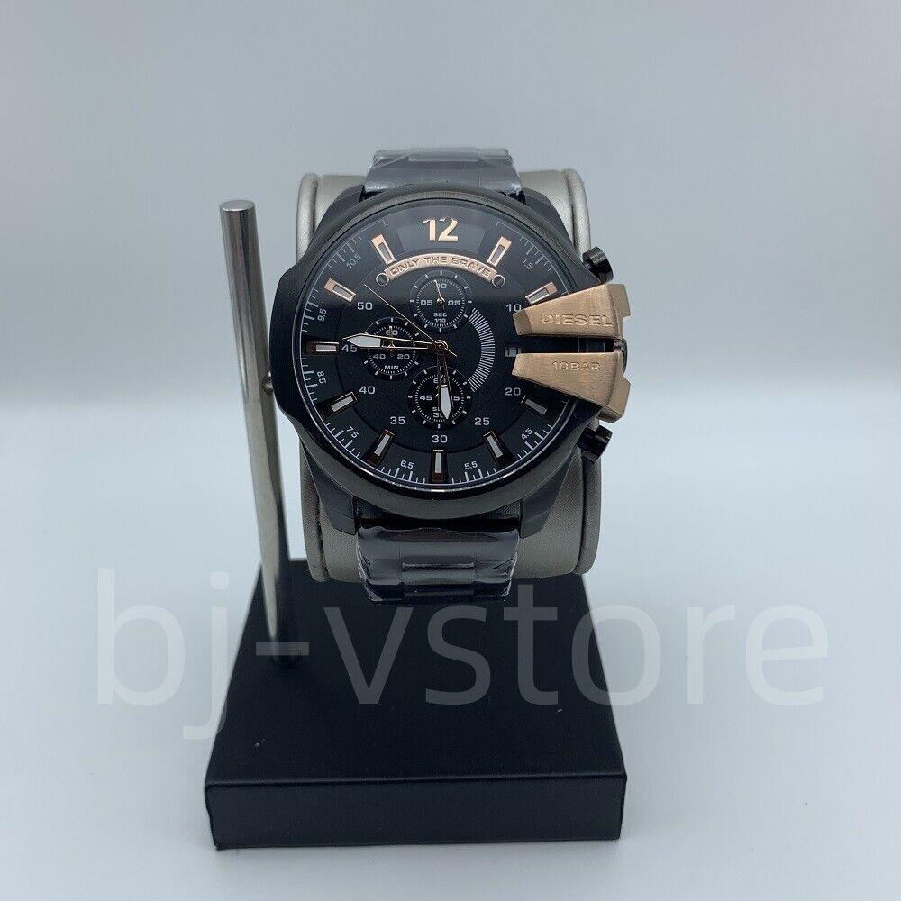 Diesel DZ4309 Mega Chief Black Dial Stainless Steel Chronograph Men`s Watch - Dial: Black, Band: Black, Bezel: Black