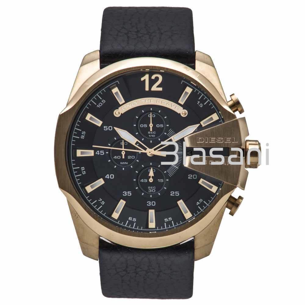 Diesel DZ4344 Mega Chief Men`s Gold Black Dial Black Leather Quartz Watch 59x51