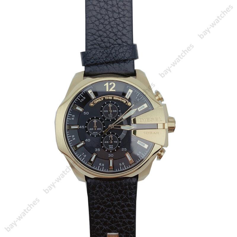 Diesel DZ4344 Mega Chief Chronograph Leather Strap Gold Case Men`s Watch - Black Dial, Black Band, Gold Bezel