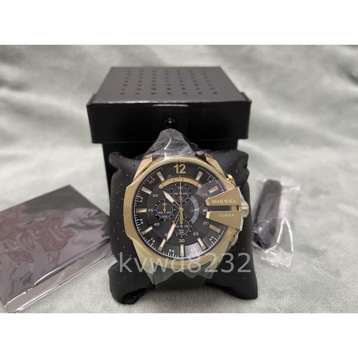 Diesel DZ4344 Mega Chief Chronograph Gold Case Black Leather Strap Men`s Watch - Dial: Black, Band: Black, Bezel: Gold