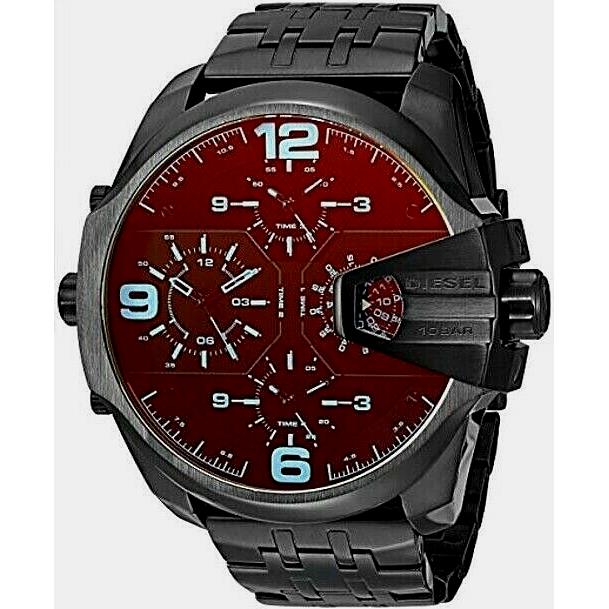 Diesel Uber Chief DZ7373 Black / Red Iridescent Dial 4 Time-zone Men`s Watch - Red iridescent Dial, Black Band, Black Bezel