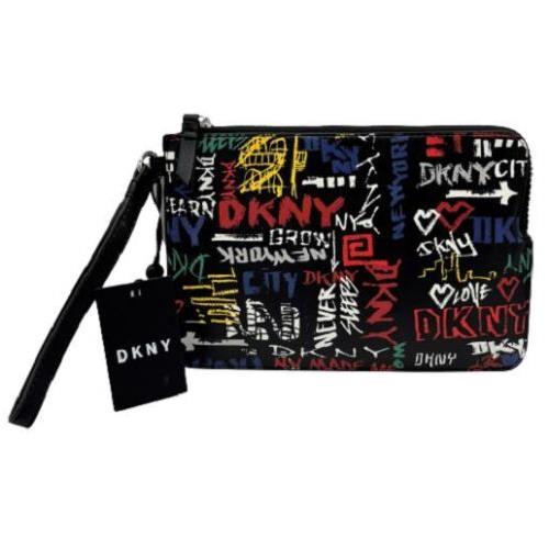 Dkny 2 in 1 Tilly Wristlet Bag Clutch Purse Black w Graffiti Print 8.5 x 6