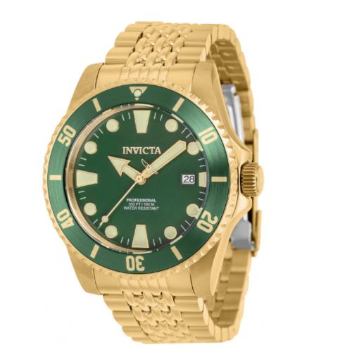 Invicta Pro Diver Automatic Green Dial Yellow Gold Bracelet 39756 Men`s Watch