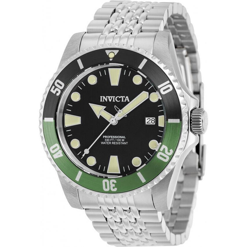 Invicta Mens Pro-diver Automatic Watch 44MM Case Stainless Steel Tone Black Dial - Dial: Black, Band: Silver, Bezel: Black, Green