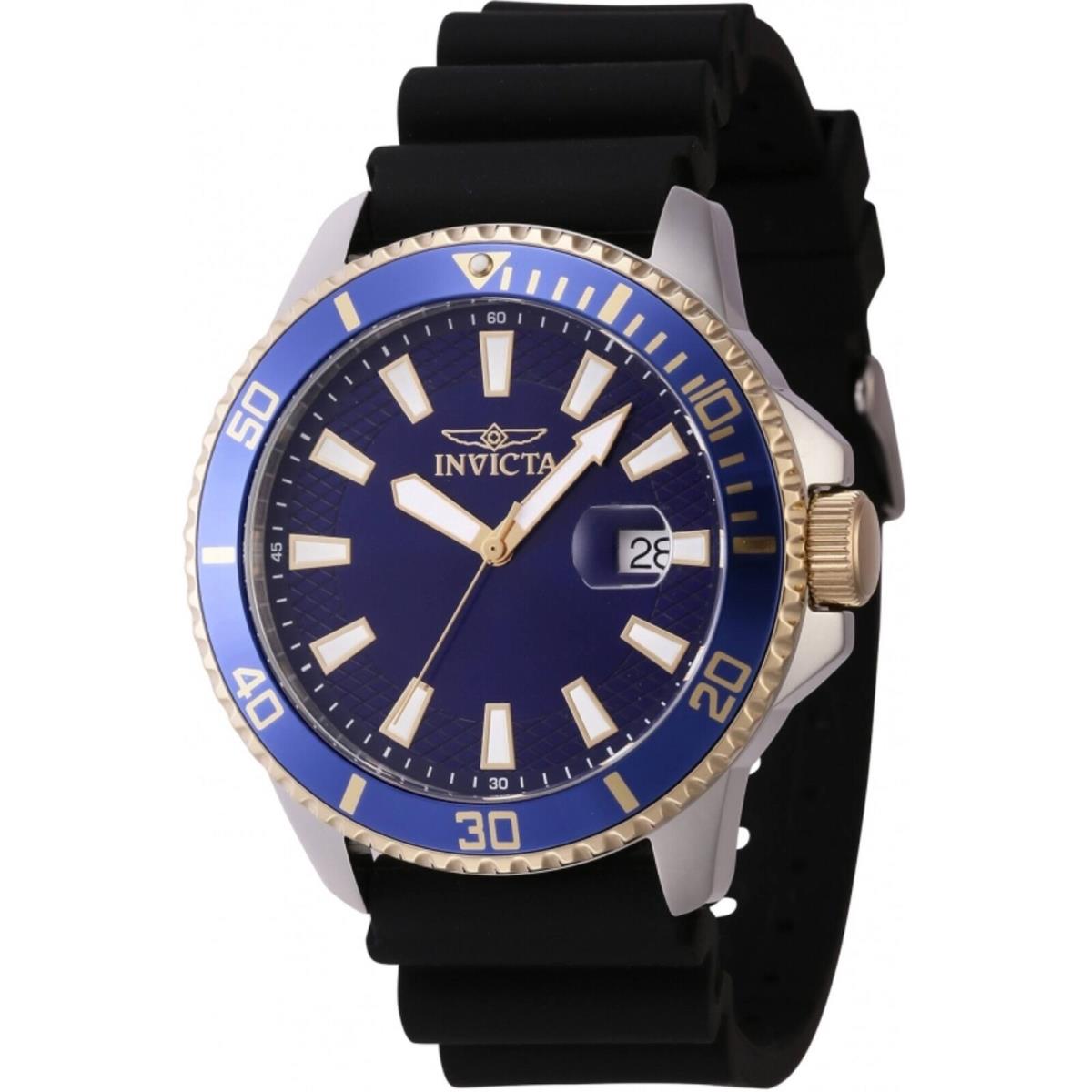 Invicta Men`s Watch Pro Diver Date Quartz Blue Dial Black Silicone Strap 46133