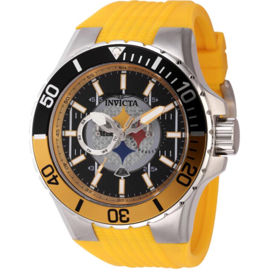 Invicta Nfl Pittsburgh Steelers Gmt Quartz Black Dial Men`s Watch 45399 - Dial: Black, Band: Orange, Bezel: Silver-tone