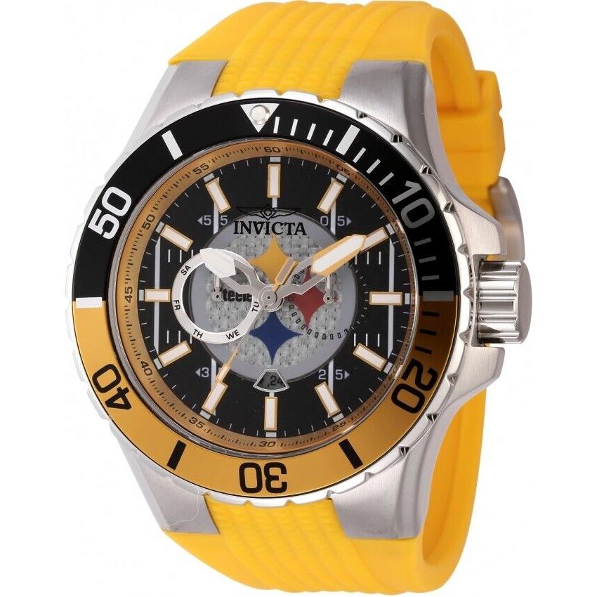 Invicta Nfl Pittsburgh Steelers 50mm Black Dial Quartz Men`s Silicone Band Watch - Dial: Black, Band: Orange, Bezel: Black